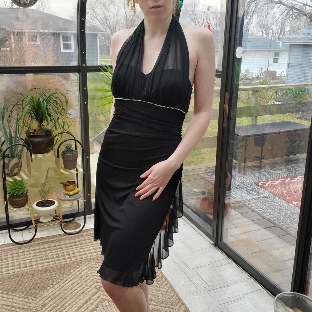 Y2k night out new years black and silver halter backless mini dress